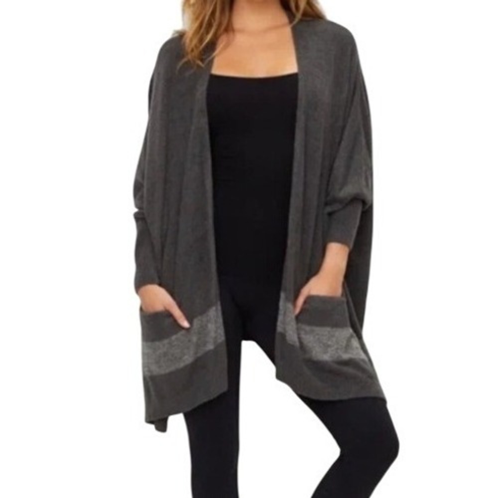 Barefoot Dreams Cliffside Wrap Sweater Cardigan OS‎ Black Gray Cozy Boho Lounge
